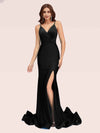 Sexy Backless Spaghetti Straps V-neck Side Slit Stretchy Jersey Long Mermaid Prom Dresses
