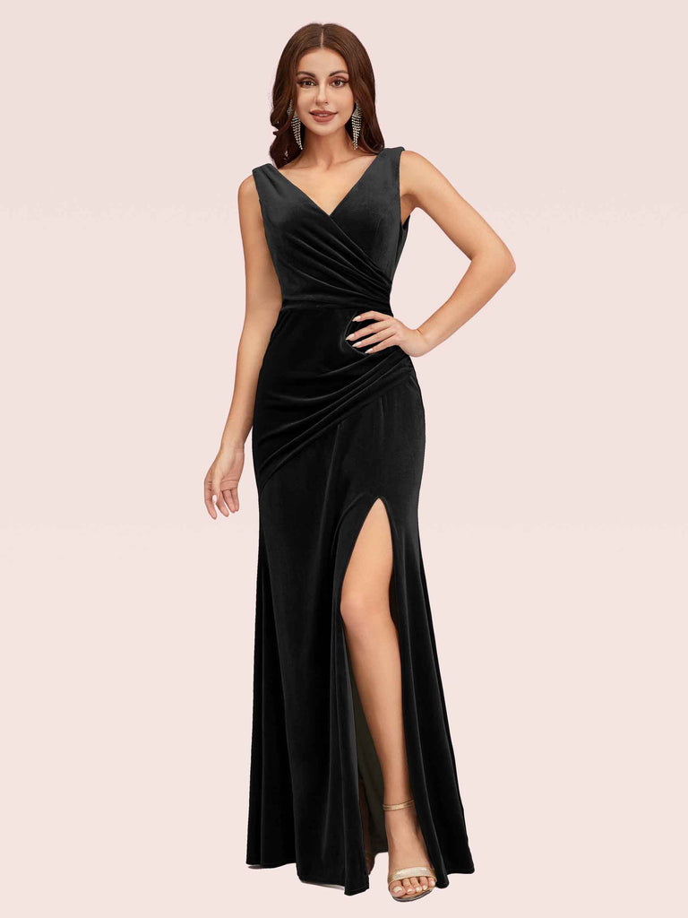 Cetims Elegant V Neck Side Split Long Velvet Bridesmaid Dress Black
