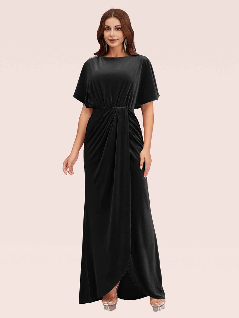 Elegant Velvet Bateau Bat Sleeve Side Slit Long Graduation Prom Dresses With Slit Elegant Velvet Bateau Bat Sleeve Side Slit Long Graduation Prom Dresses With Slit