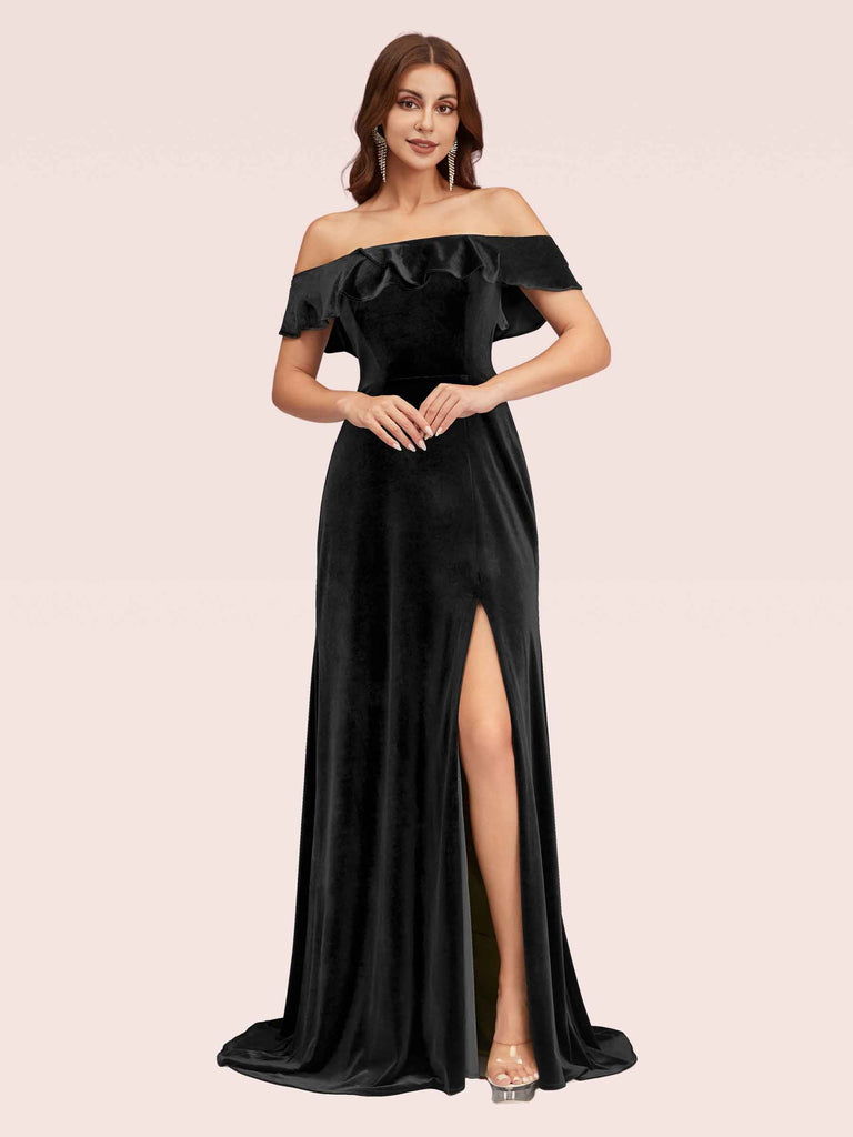 Elegant Off Shoulder Side Slit Long Velvet Bridesmaid Dresses Online For Sale Elegant Off Shoulder Side Slit Long Velvet Bridesmaid Dresses Online For Sale
