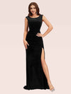 Sexy Open Back Velvet Scoop Long Mermaid Formal Prom Dresses With Slit