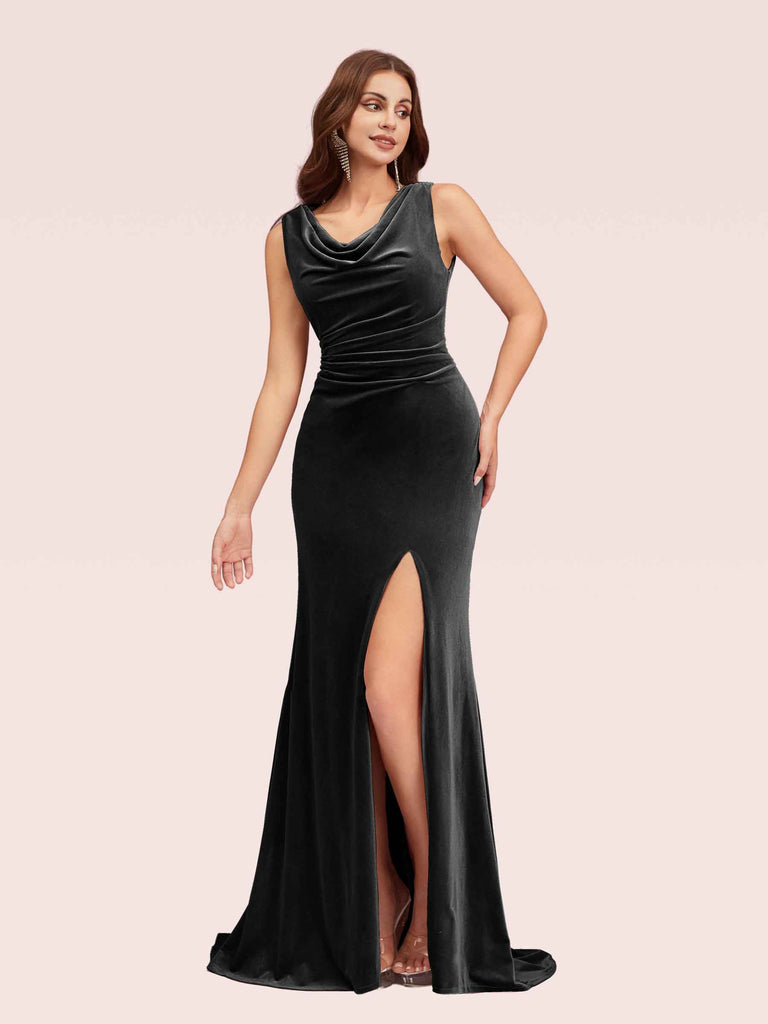 Cetims Sexy Velvet Cowl Side Split Long Mermaid Bridesmaid Dresses Black