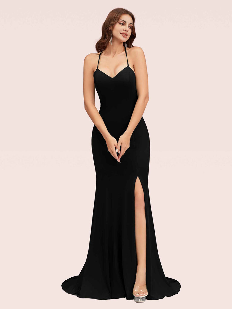Sexy Halter Criss Cross Back Stretchy Jersey Long Mermaid Bridesmaid Dresses With Slit Sexy Halter Criss Cross Back Stretchy Jersey Long Mermaid Bridesmaid Dresses With Slit
