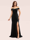 Elegant Side Slit Mermaid Off Shoulder Long Stretch Velvet Formal Prom Dresses Online