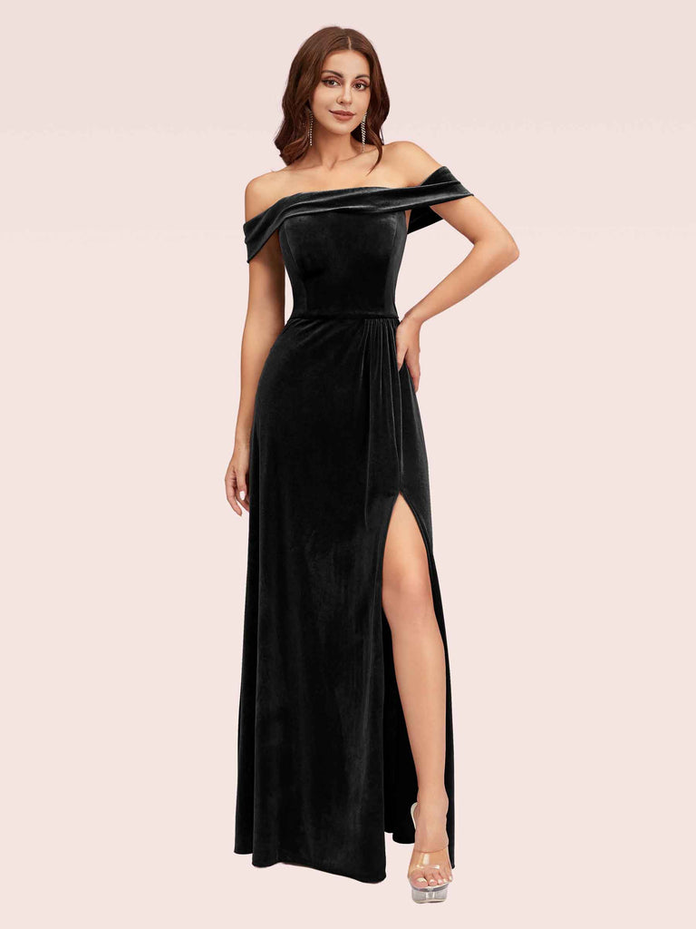 Elegant Stretch Velvet Off Shoulder Side Slit Long Bridesmaid Dresses Online Elegant Stretch Velvet Off Shoulder Side Slit Long Bridesmaid Dresses Online