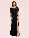 Sexy Cold Shoulder Velvet Mermaid Long Evening Prom Dresses With Slit