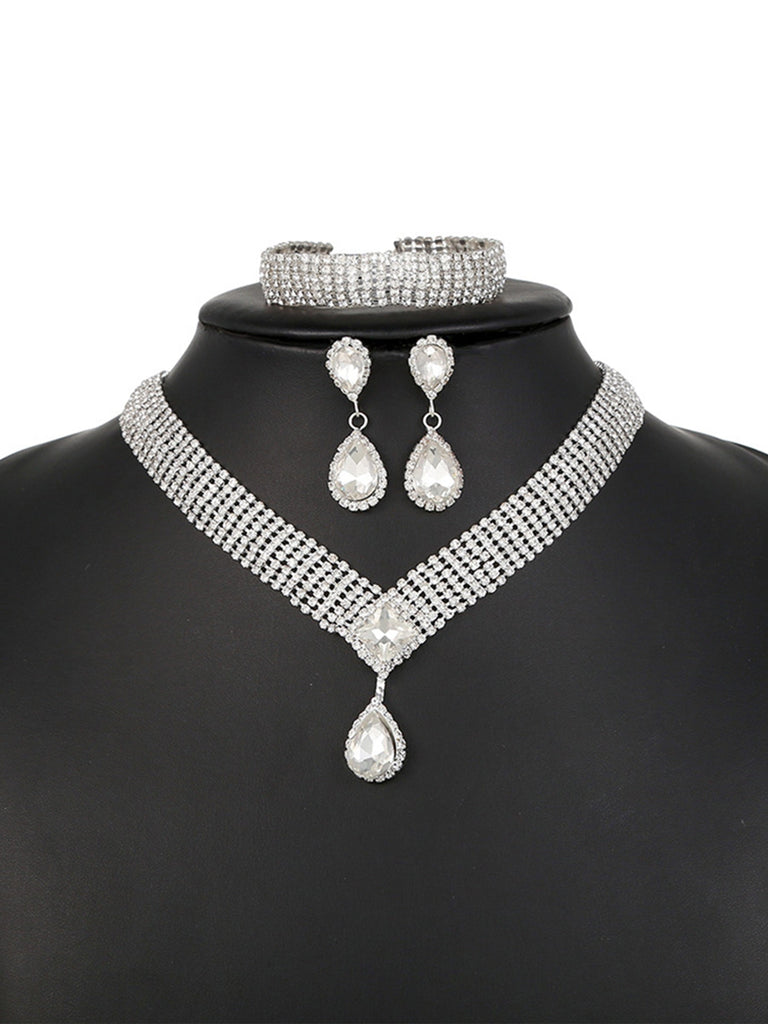 Rhinestone Jewelry Set - Necklace, Bracelet, Earrings for Women's Wedding Party