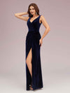 Elegant V-neck Sleeveless Side Slit Long Velvet Prom Dresses Online