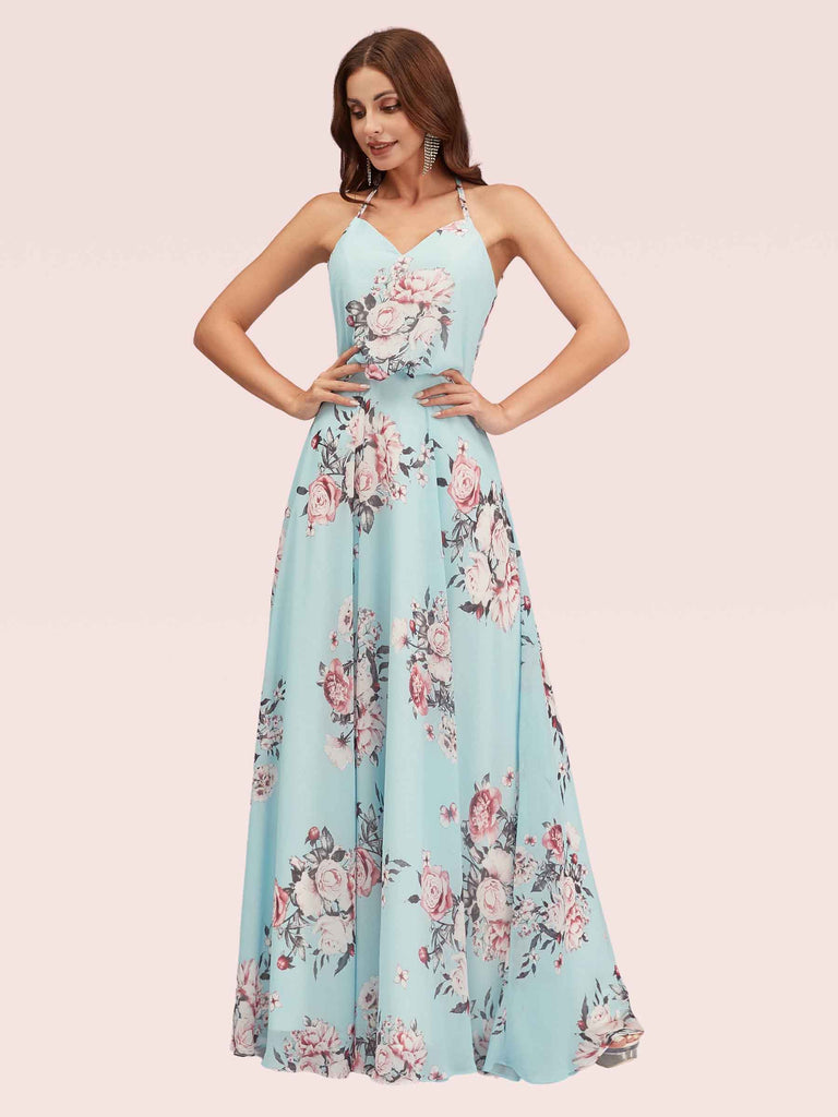 Sexy Floral Halter V-neck Chiffon Long Evening Prom Dresses Online