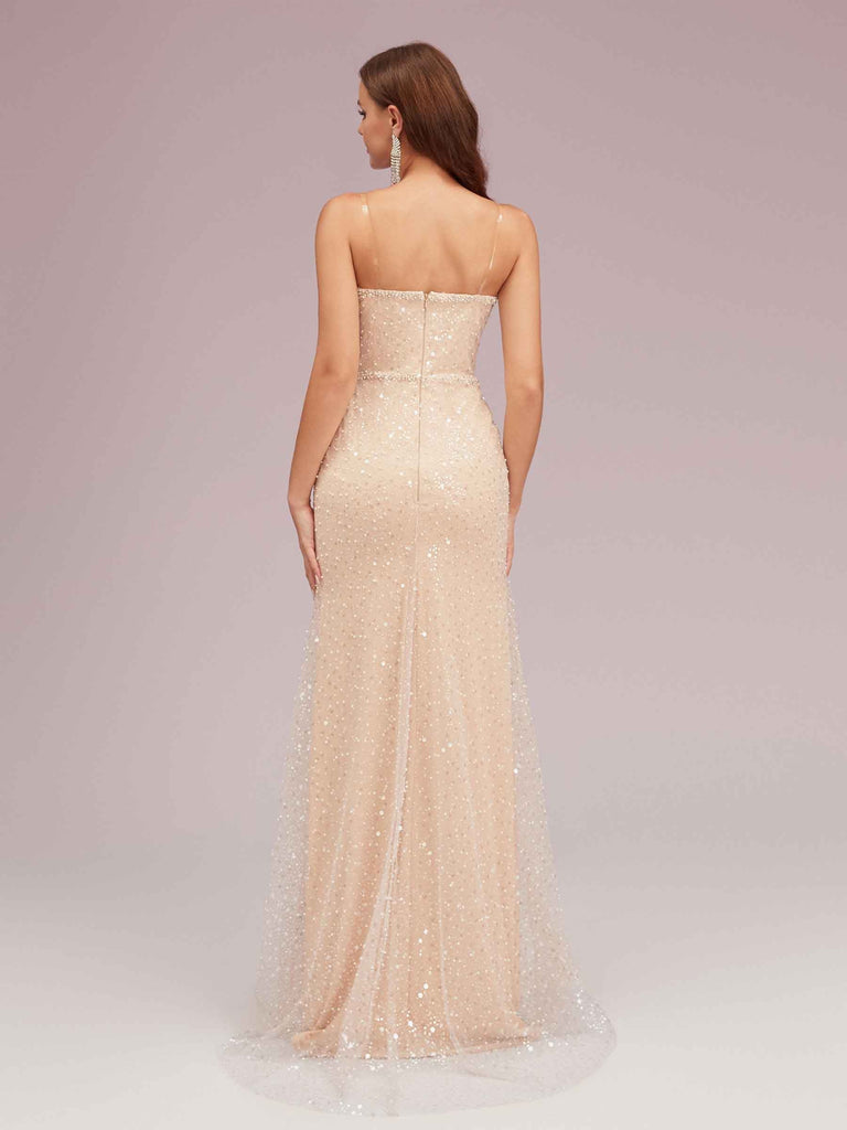 Champagne Spaghetti Straps Sequin Long Mermaid Prom Dresses With Slit  For Sale