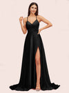 Elegant A-line Spaghetti Straps Long Soft Satin Bridesmaid Dresses With Slit For Sale
