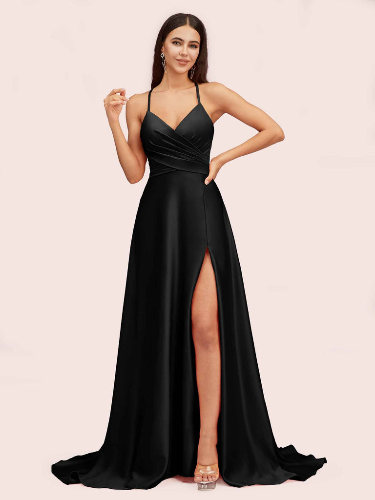 Elegant A-line Spaghetti Straps Long Soft Satin Party Prom Dresses With Slit Elegant A-line Spaghetti Straps Long Soft Satin Party Prom Dresses With Slit