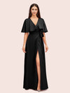 Elegant Bat Sleeves V-neck Side Slit Long Soft Satin Bridesmaid Dresses