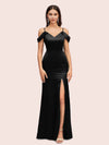 Sexy Cold Shoulder V-Neck Side Slit Mermaid Long Soft Satin Evening Prom Dresses