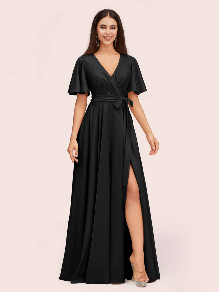 Elegant A-line V-neck Short Sleeves Long Bridesmaid Dresses With Slit Elegant A-line V-neck Short Sleeves Long Bridesmaid Dresses With Slit