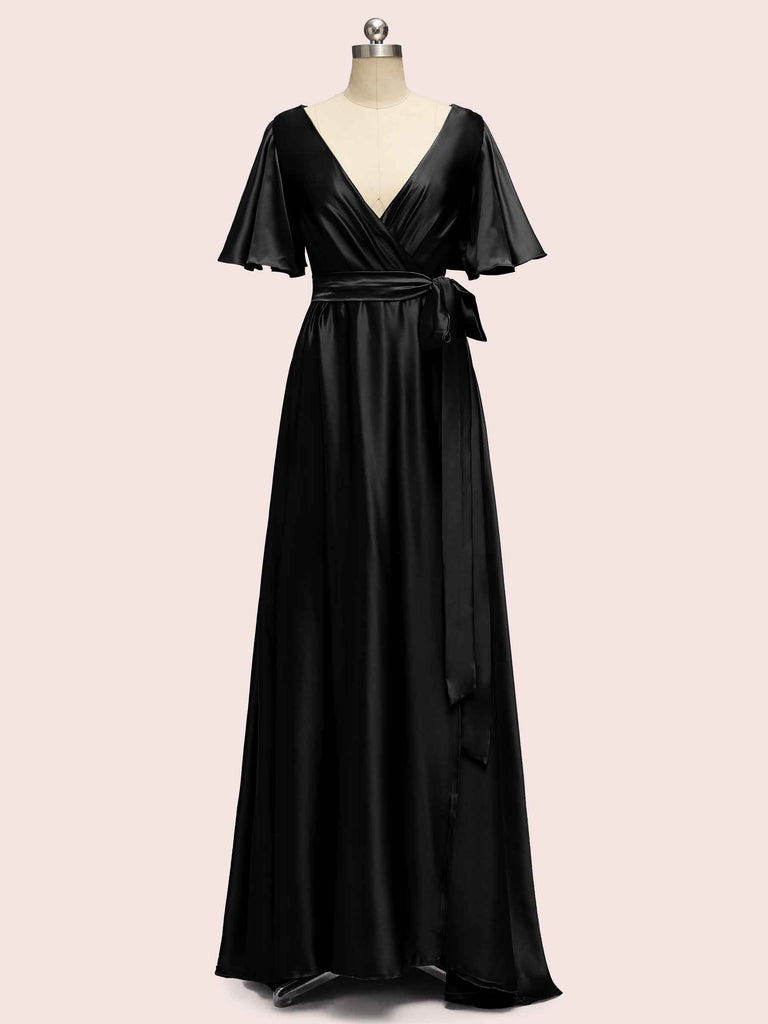Elegant V-Neck A-Line Long Soft Satin Short Sleeve Bridesmaid Dresses Elegant V-Neck A-Line Long Soft Satin Short Sleeve Bridesmaid Dresses