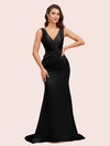 Sexy V-Neck Mermaid Long Silky Satin Formal Prom Dresses For Women