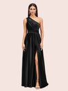 Unique One Shoulder Long Side Slit Soft Satin Graduation Prom Dresses 2023