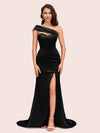 Sexy Mermaid One Shoulder Long Soft Satin Bridesmaid Dresses With Slit