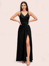 Modern Spaghetti Straps V-neck Side Slit Long Satin Bridesmaid Dresses With Slit