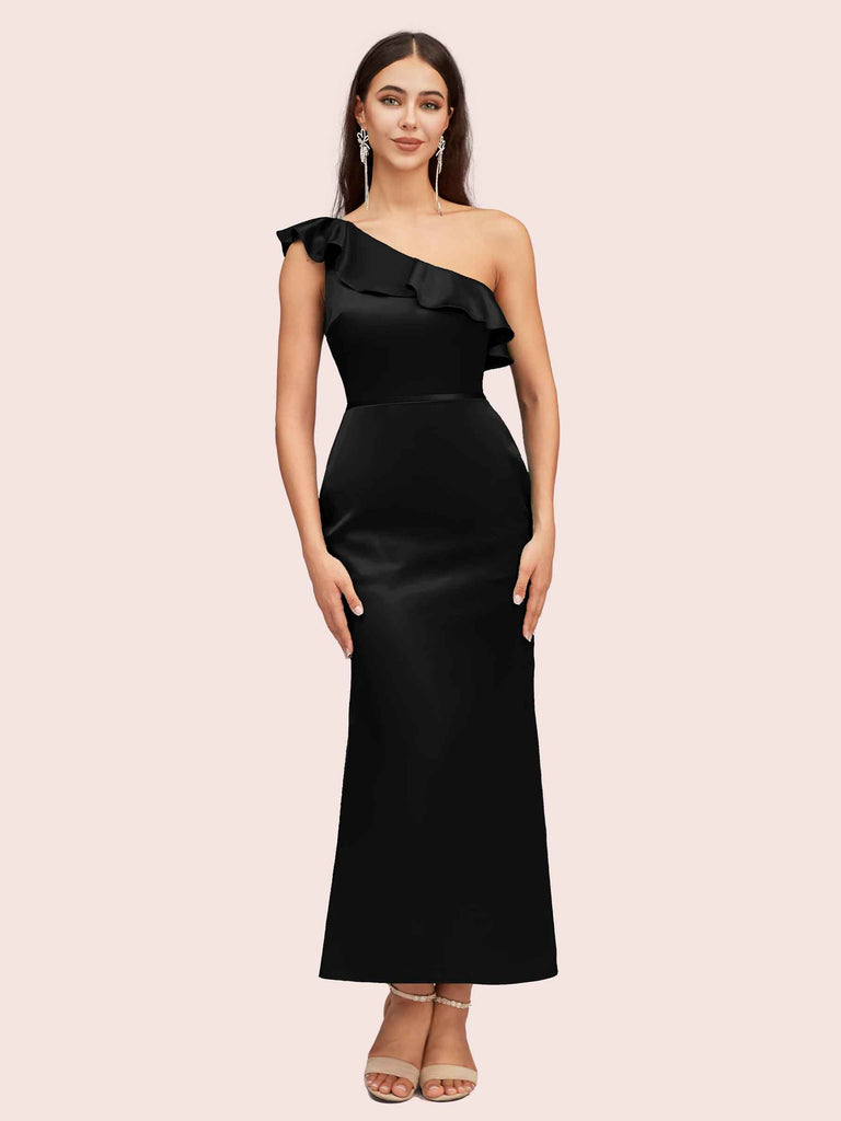Cetims Elegant Mermaid One Shoulder Short Soft Satin Bridesmaid Dresses Chocolate