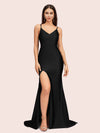 Sexy Mermaid Spaghetti Straps Side Slit Long Soft Satin Bridesmaid Dresses