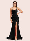 Sexy Backless Mermaid Spaghetti Straps Scoop Long Soft Satin Bridesmaid Dresses With Slit