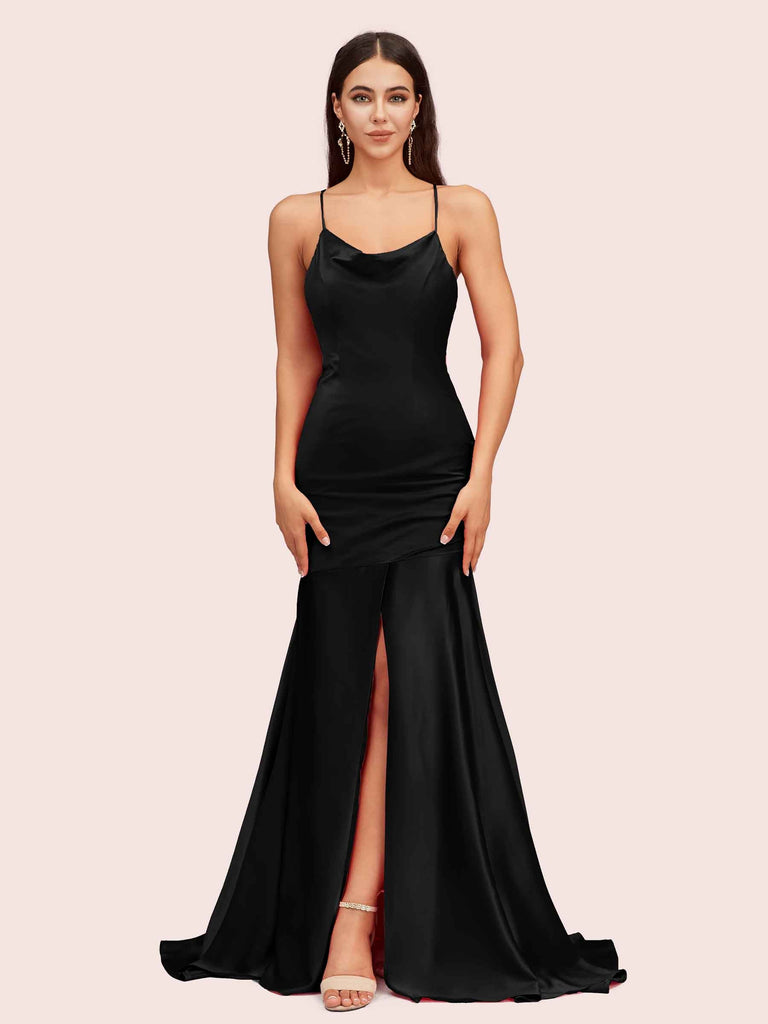 Sexy Backless Mermaid Spaghetti Straps Long Soft Satin Prom Dresses With Slit Sexy Backless Mermaid Spaghetti Straps Long Soft Satin Prom Dresses With Slit