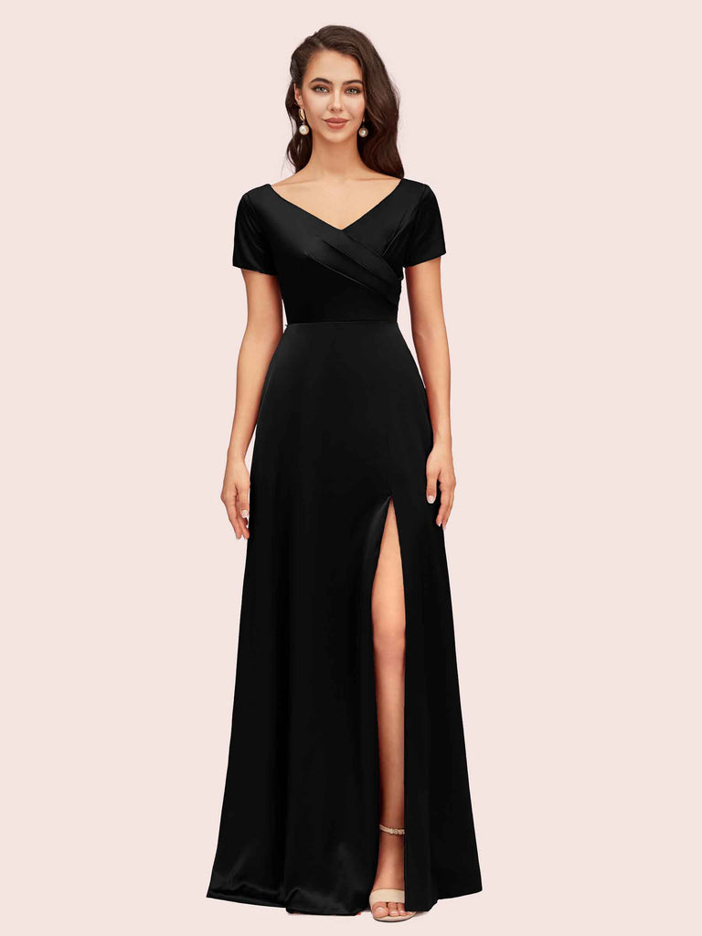 Elegant V-Neck Short Sleeves Long Soft Satin Bridesmaid Dresses With Slit Elegant V-Neck Short Sleeves Long Soft Satin Bridesmaid Dresses With Slit