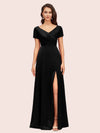 Elegant V-Neck Short Sleeves Long Soft Satin Party Prom Dresses With Slit