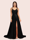 Elegant A-line Spaghetti Straps Long Silky Satin Evening Prom Dresses With Slit