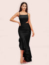 Sexy Unique Mermaid Spaghetti Straps Asymmetrical Soft Satin Formal Prom Dresses