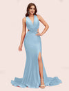 Sexy Mermaid Side Slit Deep V-neck Stretchy Jersey Long Bridesmaid Dresses Online