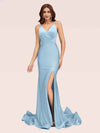 Sexy Backless Spaghetti Straps V-neck Side Slit Stretchy Jersey Long Mermaid Prom Dresses