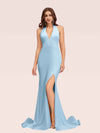Sexy Backless Side Slit V-Neck Off Shoulder Jersey Long Mermaid Bridesmaid DressesSide Slit