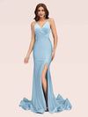 Sexy Spaghetti Straps V-neck Open Back Side Slit Stretchy Jersey Long Mermaid Bridesmaid Dresses