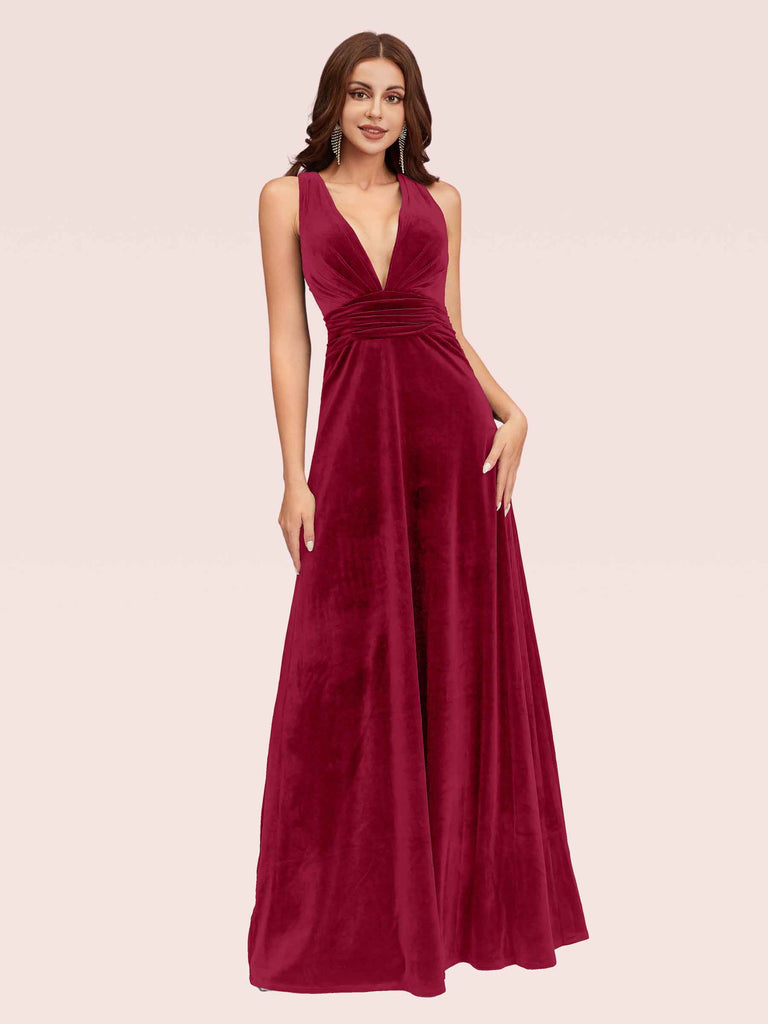 Cetims Elegant Deep V Neck Velvet Bridesmaid Dress Burgundy