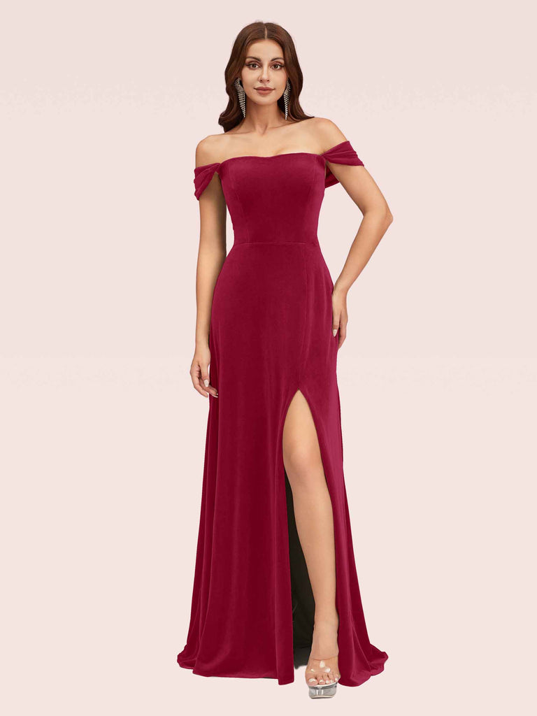 Sexy Mermaid Off Shoulder Long Side Slit Velvet Bridesmaid Dresses Online Sexy Mermaid Off Shoulder Long Side Slit Velvet Bridesmaid Dresses Online