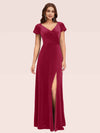 Sexy Side Slit Short Sleeves Velvet V-neck Long Formal Prom Dresses 2023
