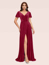Elegant Velvet V-neck Side Slit Short Sleeves Long Evening Prom Dresses Online