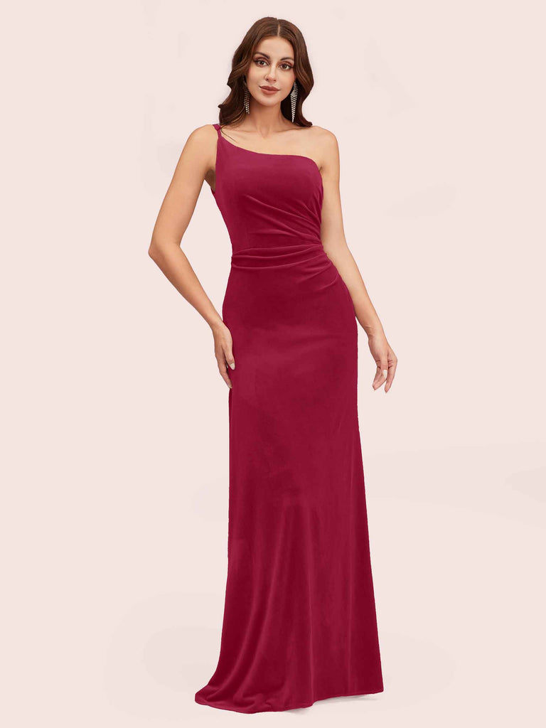 Elegant Velvet One Shoulder Side Slit sheath Long Bridesmaid Dresses Online Elegant Velvet One Shoulder Side Slit sheath Long Bridesmaid Dresses Online