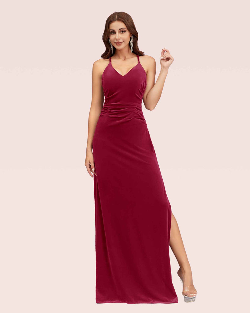 Sexy Velvet Spaghetti Straps V-neck Long Bridesmaid Dresses Online