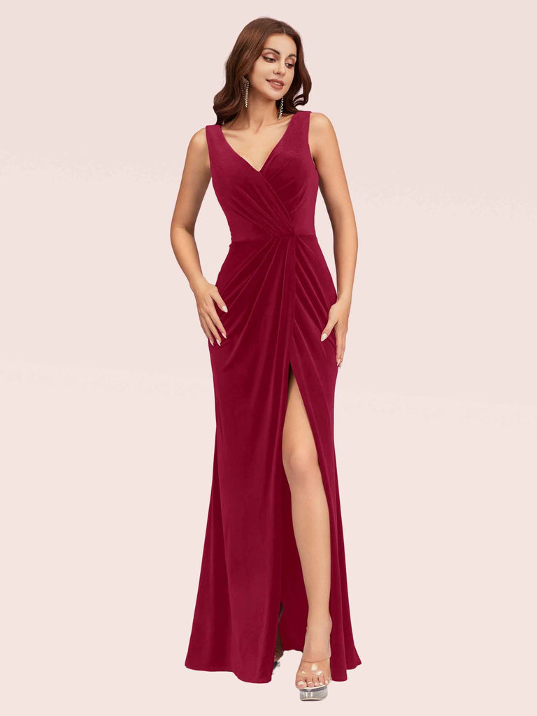 Elegant Mermaid V-Neck Long Side Slit Off Shoulder Velvet Bridesmaid Dresses For Sale Elegant Mermaid V-Neck Long Side Slit Off Shoulder Velvet Bridesmaid Dresses For Sale