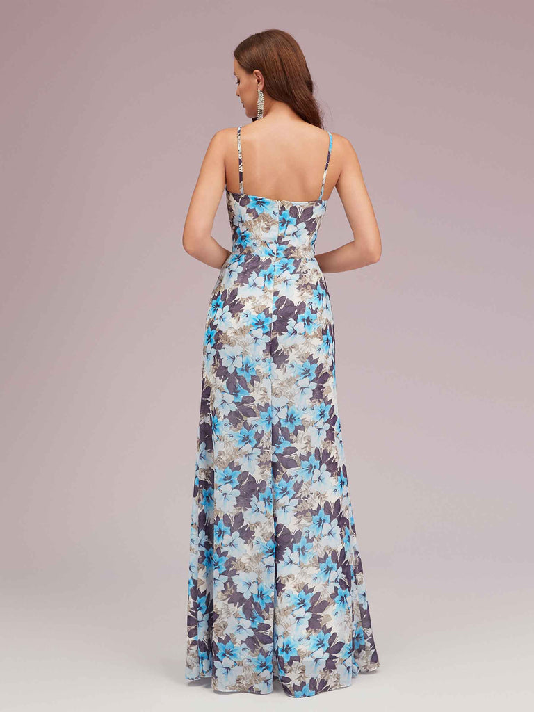 Elegant Floral Spaghetti Straps Side Slit Unique Long Bridesmaid Dresses Online