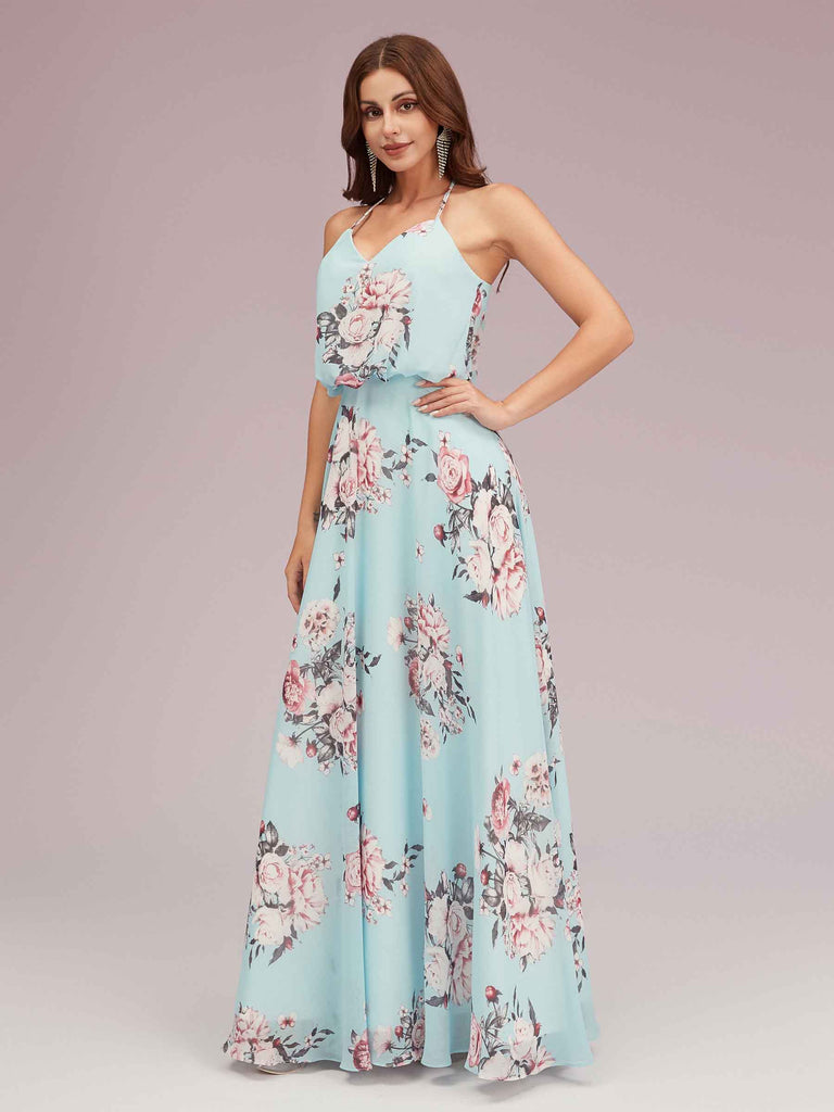 Sexy Floral Halter V-neck Chiffon Long Bridesmaid Dresses Online Sexy Floral Halter V-neck Chiffon Long Bridesmaid Dresses Online