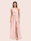 Unique One Shoulder Long Side Slit Soft Satin Graduation Prom Dresses 2023