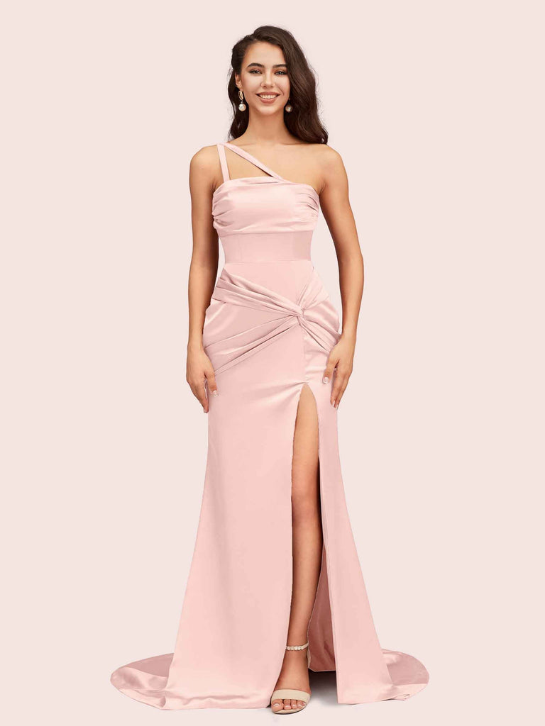 Sexy Mermaid One Shoulder Unique Side Slit Soft Satin Evening Prom Dresses Online