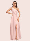 Elegant One Shoulder Side Slit Long Soft Satin Party Prom Dresses 2023