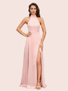 Elegant A-line High Neck Long Side Split Long Soft Satin Bridesmaid Dresses For Sale