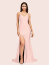 Sexy Mermaid Spaghetti Straps Side Slit Long Soft Satin Bridesmaid Dresses